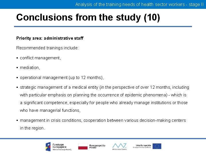 Analysis of the training needs of health sector workers - stage II Conclusions from
