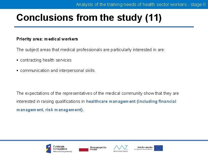 Analysis of the training needs of health sector workers - stage II Conclusions from