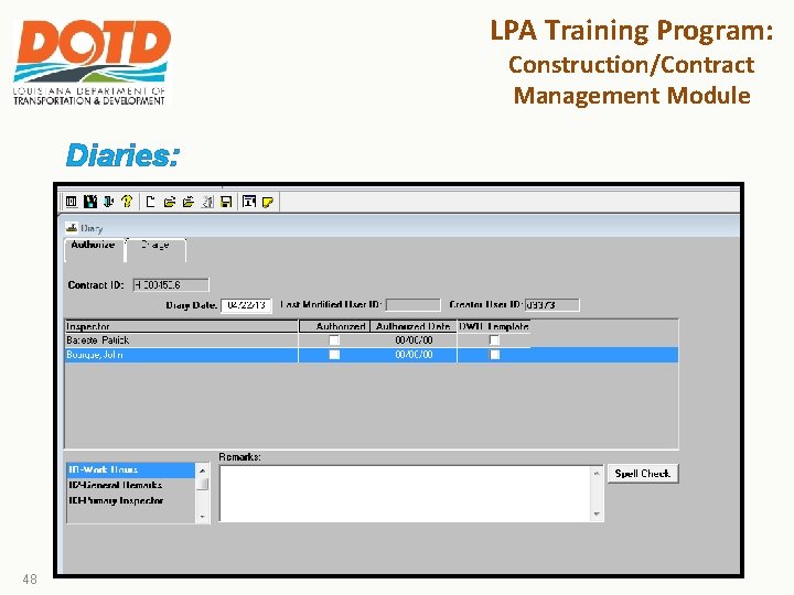 LPA Training Program: Construction/Contract Management Module Diaries: 48 