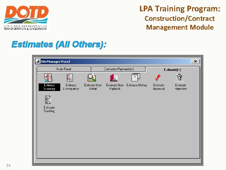 LPA Training Program: Construction/Contract Management Module Estimates (All Others): 54 