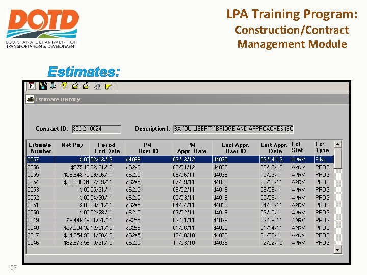 LPA Training Program: Construction/Contract Management Module Estimates: 57 