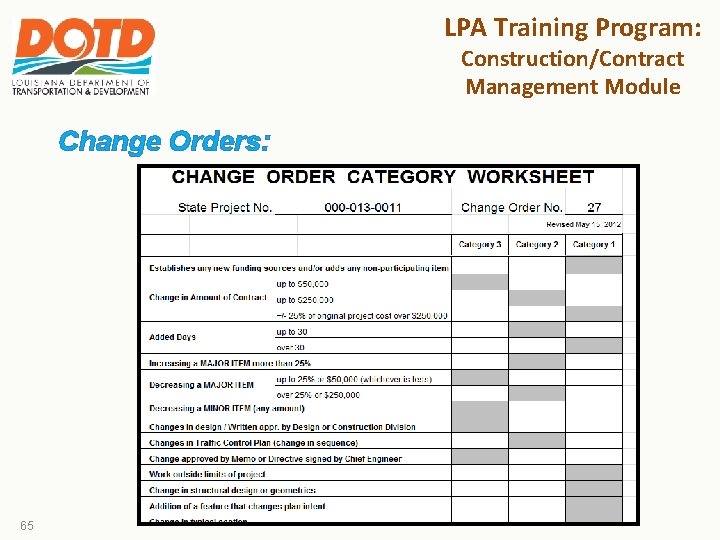LPA Training Program: Construction/Contract Management Module Change Orders: 65 