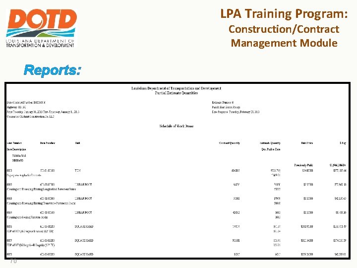 LPA Training Program: Construction/Contract Management Module Reports: 70 