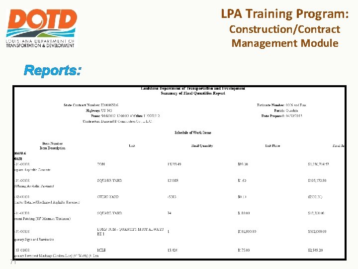 LPA Training Program: Construction/Contract Management Module Reports: 71 