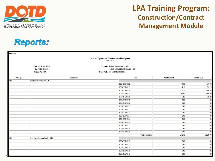 LPA Training Program: Construction/Contract Management Module Reports: 72 