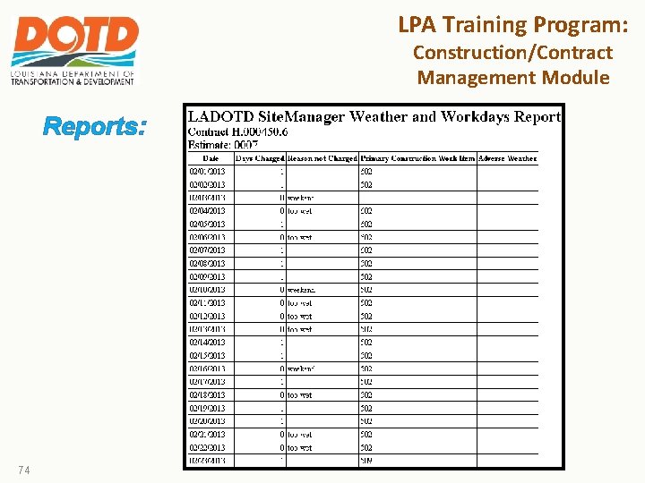 LPA Training Program: Construction/Contract Management Module Reports: 74 