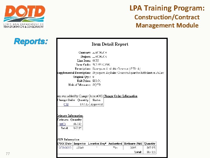 LPA Training Program: Construction/Contract Management Module Reports: 77 