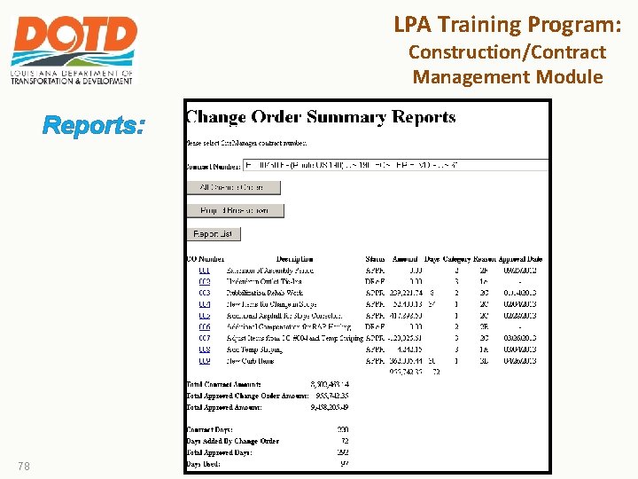 LPA Training Program: Construction/Contract Management Module Reports: 78 