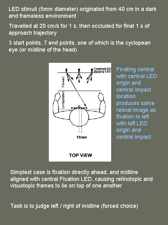 LED stimuli (5 mm diameter) originated from 40 cm in a dark and frameless