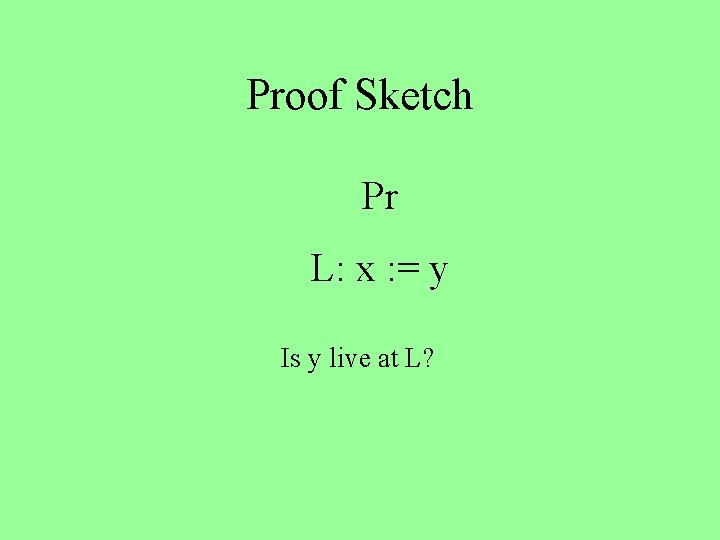 Proof Sketch Pr L: x : = y Is y live at L? 