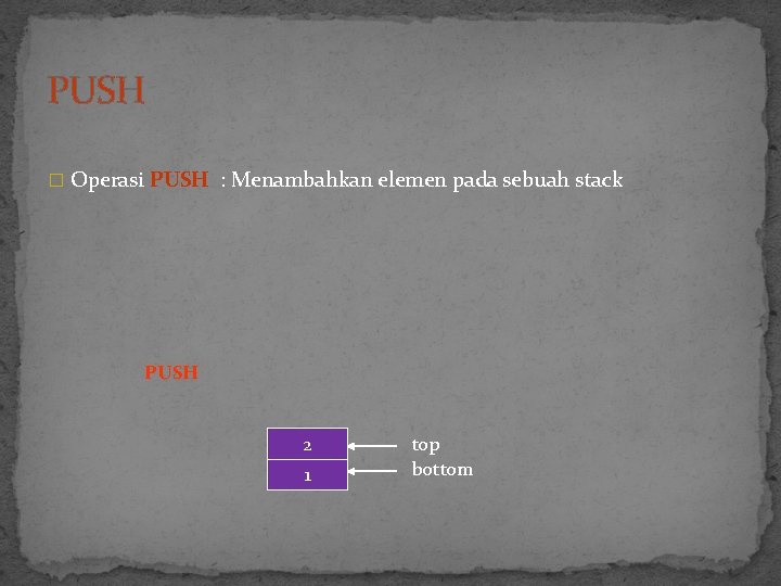 PUSH � Operasi PUSH : Menambahkan elemen pada sebuah stack PUSH 2 1 top