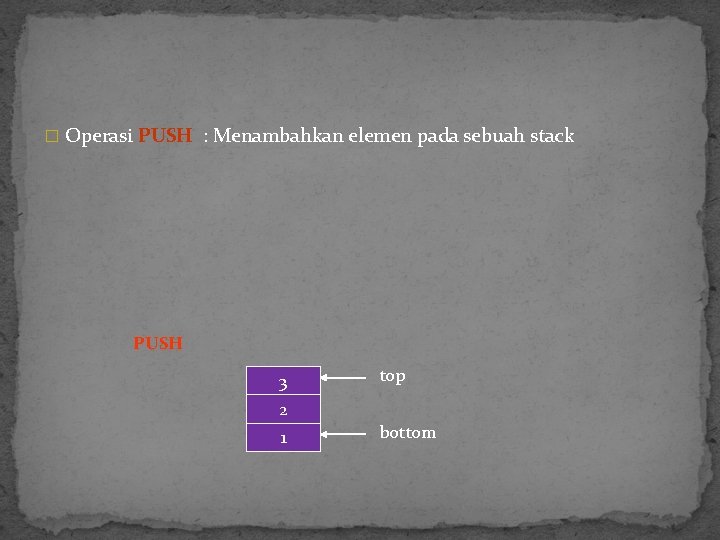 � Operasi PUSH : Menambahkan elemen pada sebuah stack PUSH 3 top 2 1