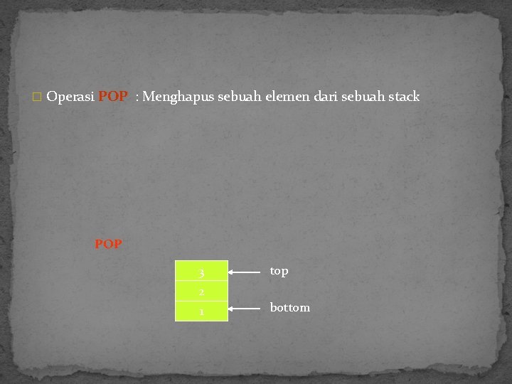 � Operasi POP : Menghapus sebuah elemen dari sebuah stack POP 3 top 2