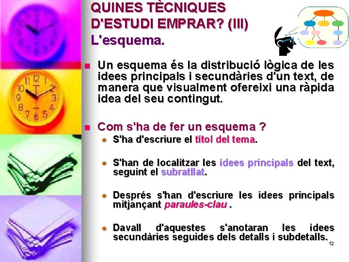 QUINES TÈCNIQUES D'ESTUDI EMPRAR? (III) L'esquema. n Un esquema és la distribució lògica de