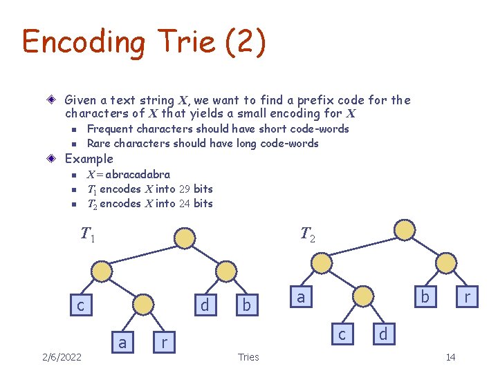 Encoding Trie (2) Given a text string X, we want to find a prefix