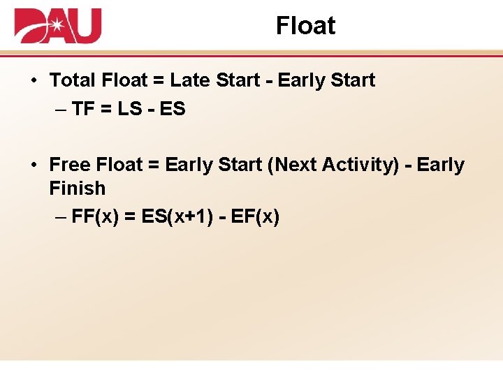 Float • Total Float = Late Start - Early Start – TF = LS