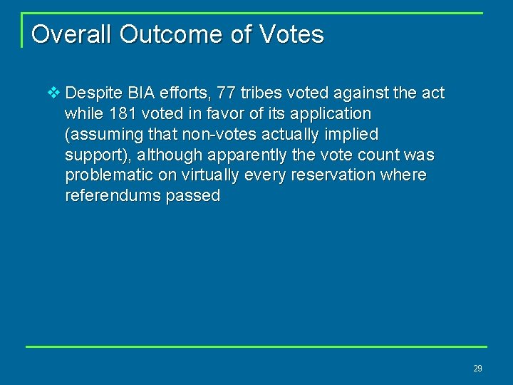 Overall Outcome of Votes v Despite BIA efforts, 77 tribes voted against the act
