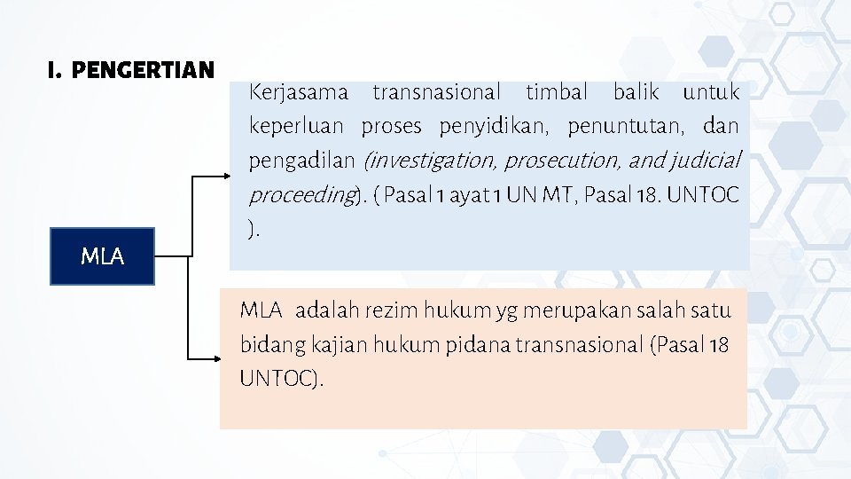 I. PENGERTIAN MLA Kerjasama transnasional timbal balik untuk keperluan proses penyidikan, penuntutan, dan pengadilan