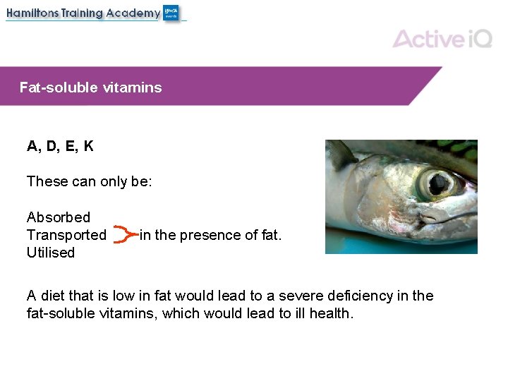 Fat-soluble vitamins A, D, E, K These can only be: Absorbed Transported Utilised in