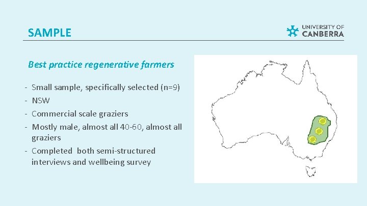 SAMPLE Best practice regenerative farmers Small sample, specifically selected (n=9) NSW Commercial scale graziers