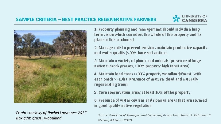 SAMPLE CRITERIA – BEST PRACTICE REGENERATIVE FARMERS 1. Property planning and management should include