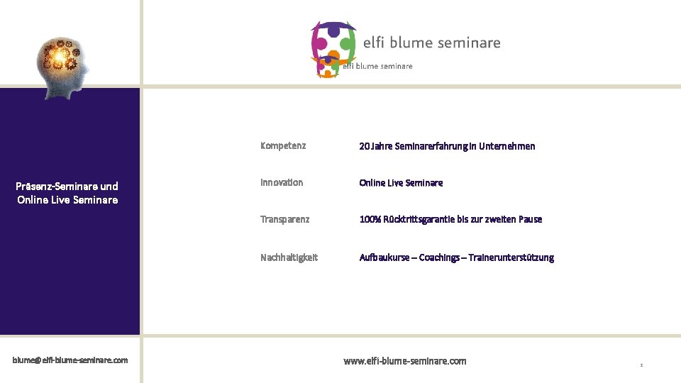 Präsenz-Seminare und Online Live Seminare blume@elfi-blume-seminare. com Kompetenz 20 Jahre Seminarerfahrung in Unternehmen Innovation