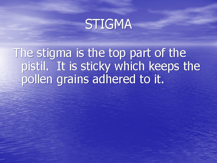 STIGMA The stigma is the top part of the pistil. It is sticky which