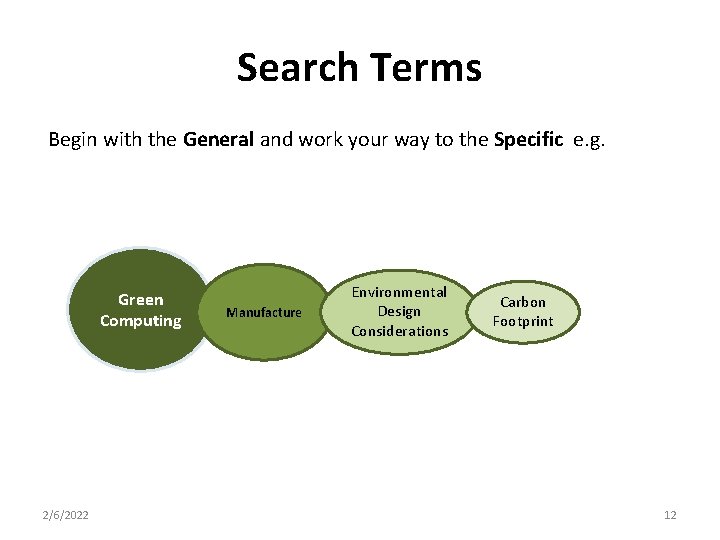 Search Terms Begin with the General and work your way to the Specific e.