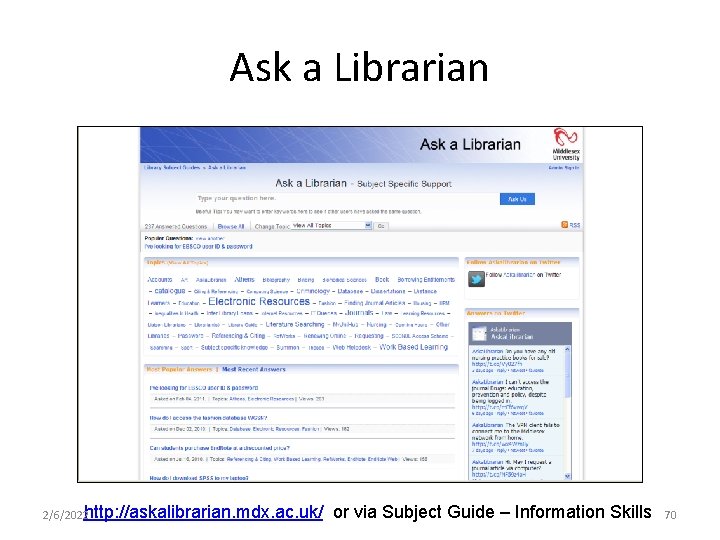 Ask a Librarian 2/6/2022 http: //askalibrarian. mdx. ac. uk/ or via Subject Guide –