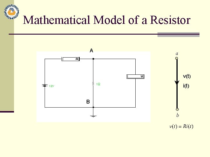 Mathematical Model of a Resistor A a v(t) i(t) B b 