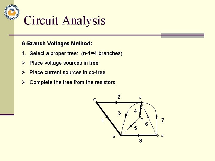 Circuit Analysis A-Branch Voltages Method: 1. Select a proper tree: (n-1=4 branches) Ø Place