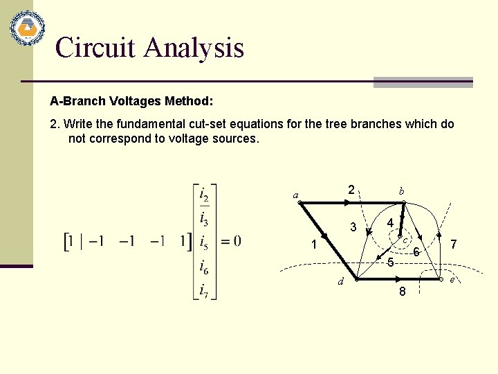 Circuit Analysis A-Branch Voltages Method: 2. Write the fundamental cut-set equations for the tree
