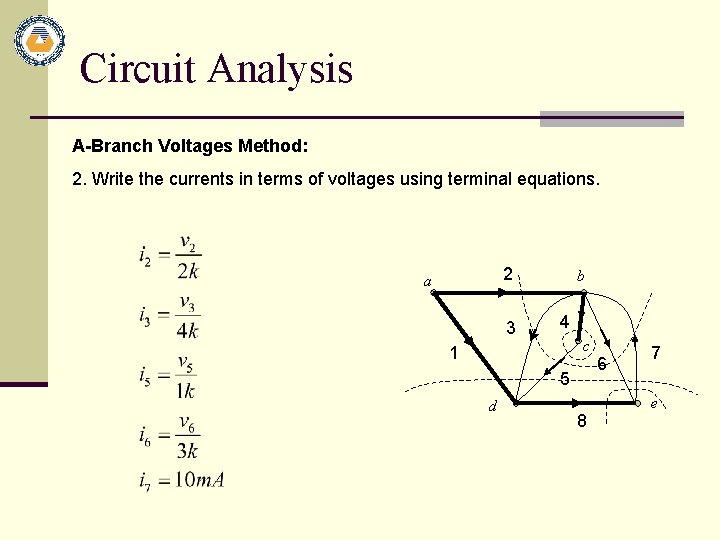 Circuit Analysis A-Branch Voltages Method: 2. Write the currents in terms of voltages using