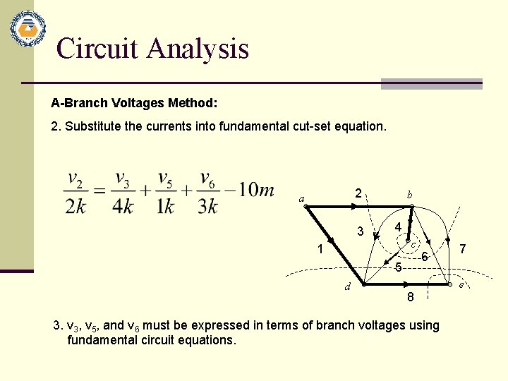 Circuit Analysis A-Branch Voltages Method: 2. Substitute the currents into fundamental cut-set equation. 2
