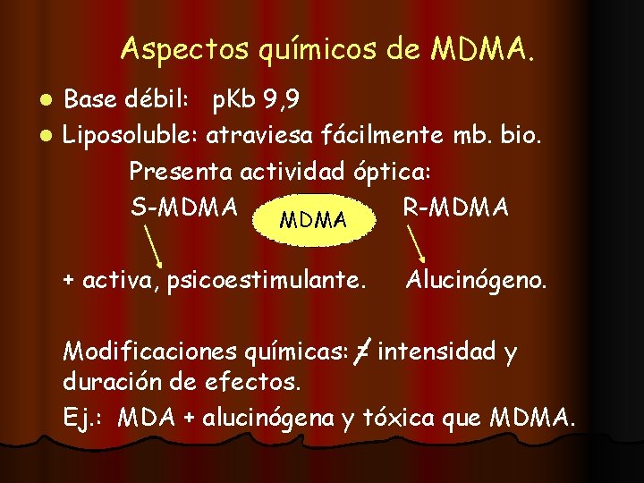 Aspectos químicos de MDMA. Base débil: p. Kb 9, 9 l Liposoluble: atraviesa fácilmente