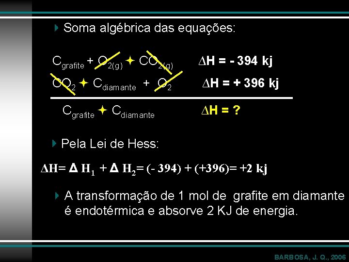 Soma algébrica das equações: Cgrafite + O 2(g) CO 2(g) ∆H = - 394