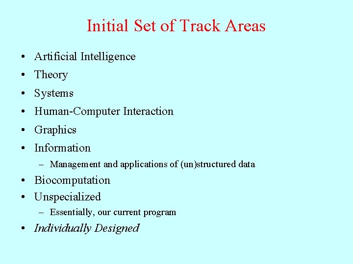 Initial Set of Track Areas • Artificial Intelligence • Theory • Systems • Human-Computer