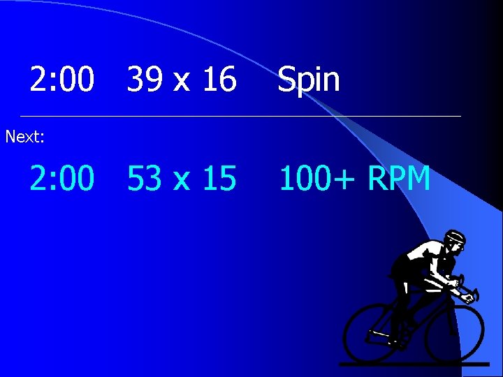 2: 00 39 x 16 Spin Next: 2: 00 53 x 15 100+ RPM