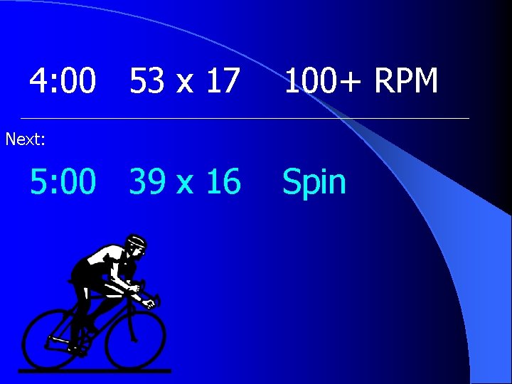 4: 00 53 x 17 100+ RPM Next: 5: 00 39 x 16 Spin