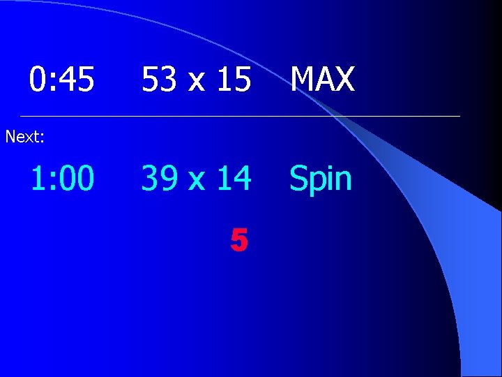 0: 45 53 x 15 MAX 39 x 14 Spin Next: 1: 00 5