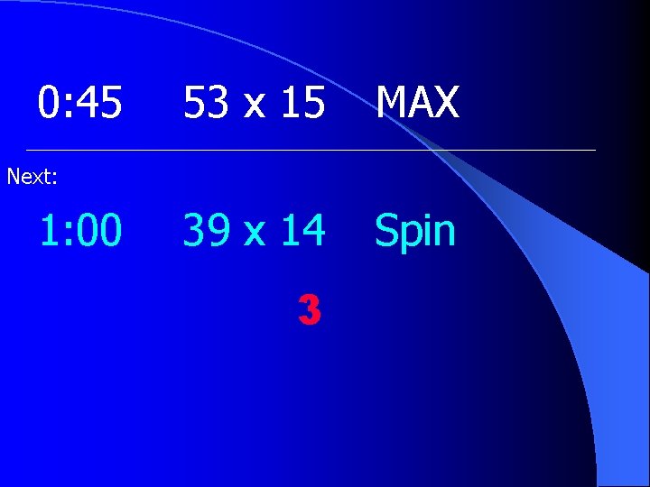 0: 45 53 x 15 MAX 39 x 14 Spin Next: 1: 00 3