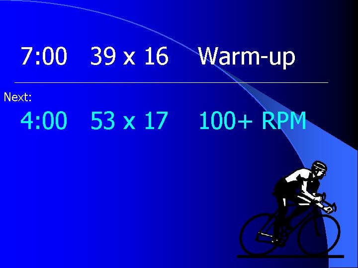 7: 00 39 x 16 Warm-up Next: 4: 00 53 x 17 100+ RPM