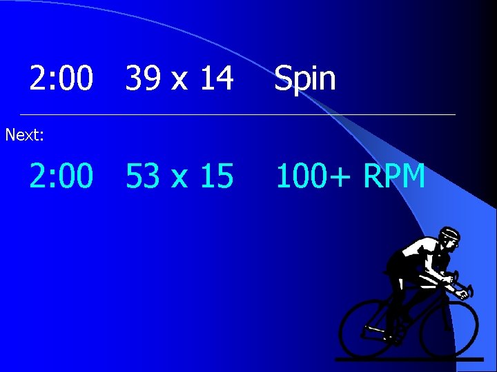 2: 00 39 x 14 Spin Next: 2: 00 53 x 15 100+ RPM