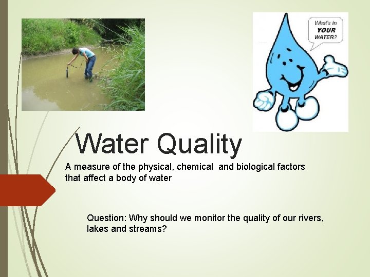 Water Quality A measure of the physical, chemical and biological factors that affect a