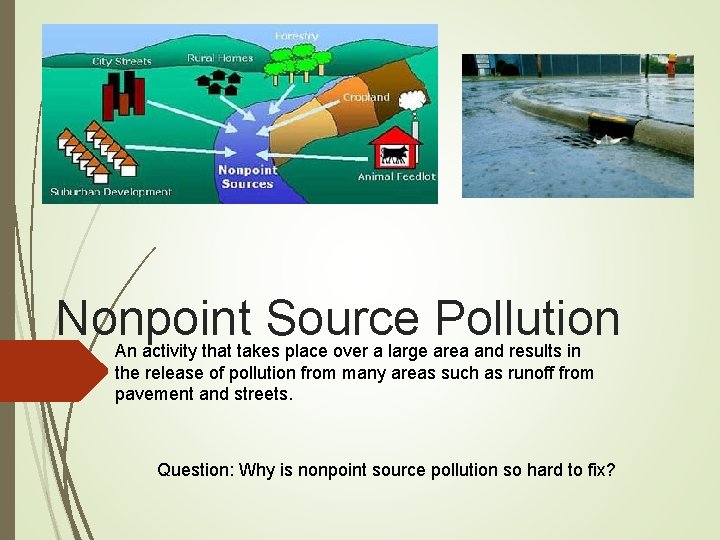 Nonpoint Source Pollution An activity that takes place over a large area and results