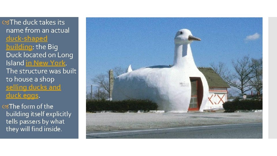  The duck takes its name from an actual duck-shaped building: the Big Duck