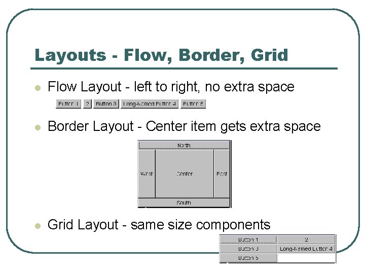 Layouts - Flow, Border, Grid l Flow Layout - left to right, no extra Layouts - Flow, Border, Grid l Flow Layout - left to right, no extra