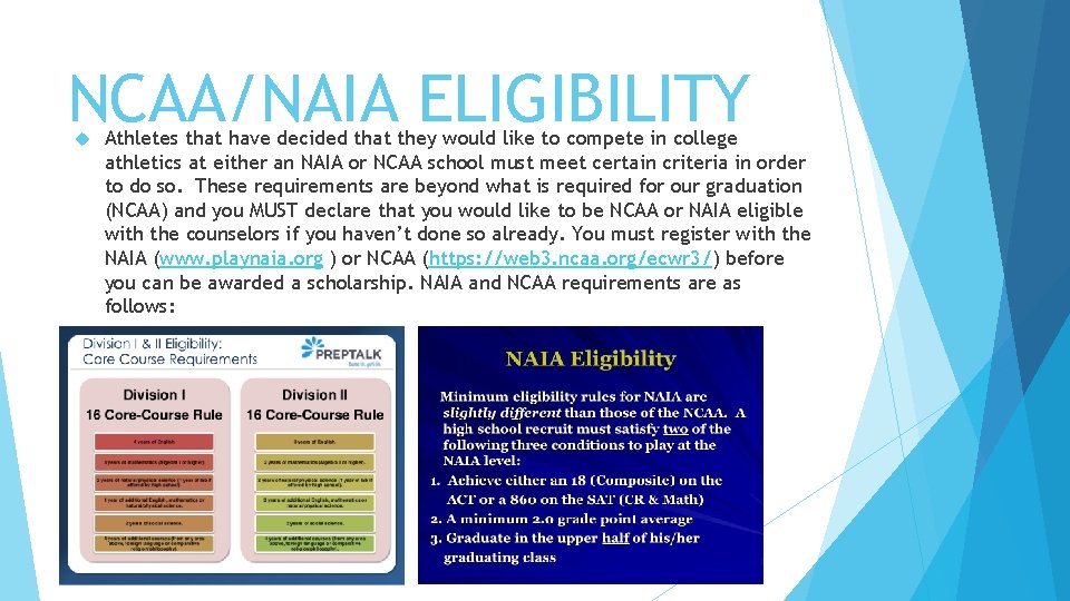 NCAA/NAIA ELIGIBILITY Athletes that have decided that they would like to compete in college