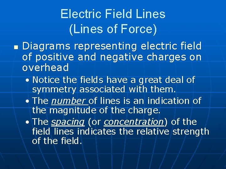 Electric Field Lines (Lines of Force) n Diagrams representing electric field of positive and