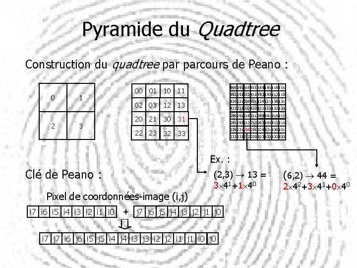 Pyramide du Quadtree Construction du quadtree parcours de Peano : 0 2 1 3
